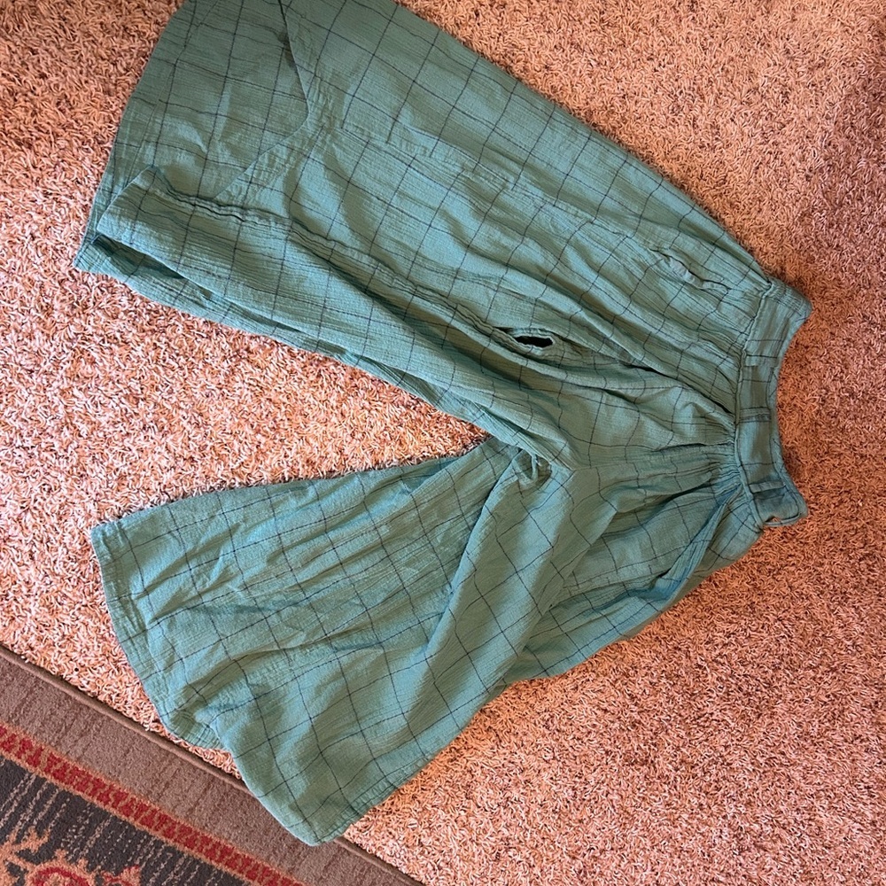 Free People Lunar Cove Sz M Turquoise Window Pane Plaid Wide Leg Pants - Picture 8 of 9